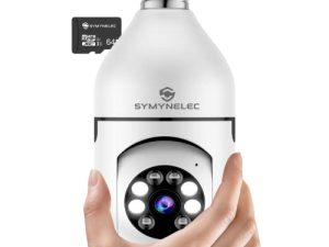 SYMYNELEC Light Bulb Security Camera 2.4GHz WiFi 1080P Wireless WiFi Smart Home Security Camera with Floodlight Night Vision Human Motion Detection Alarm Remote Access Indoor (64GB Card Included)