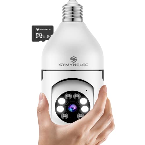 SYMYNELEC Light Bulb Security Camera 2.4GHz WiFi 1080P Wireless WiFi Smart Home Security Camera with Floodlight Night Vision Human Motion Detection Alarm Remote Access Indoor (64GB Card Included) SYMYNELEC Light Bulb Security Camera 2.4GHz WiFi 1080P Wireless WiFi Smart Home Security Camera with Floodlight Night Vision Human Motion Detection Alarm Remote Access Indoor (64GB Card Included)