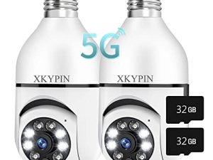Light Bulb Security Camera Wireless WiFi 2Pcs 1080P Bulb Light Socket Cam Outdoor with 32GB Micro SD Card Pan Tilt 360 Degree Panoramic Color Night Vision Motion Detection Floodlight Alarm Indoor E27