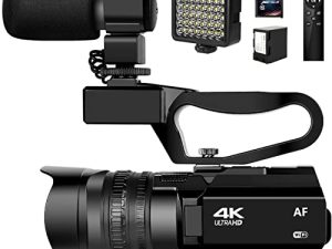 Video Camera 4K HD Auto Focus Camcorder 48MP 60FPS 30X Digital Zoom Camera for YouTube LED Function 4500mAh Battery with Handheld Stabilizer