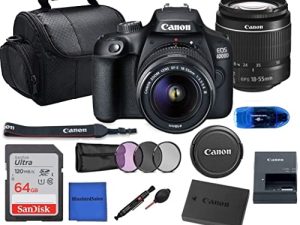 Canon EOS 4000D (Rebel T100) DSLR Camera w/Canon EF-S 18-55mm F/3.5-5.6 Zoom Lens + Case + Sandisk 64GB Memory Card + 3pc Filter Kit + Card Reader + Cleaning Kit (International Model) (Renewed)