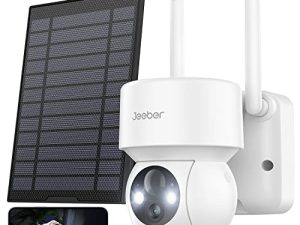 jeeber 2K Solar Security Camera Outdoor Wireless WiFi with Spotlight and Siren