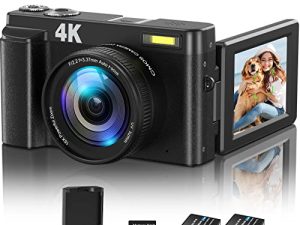 Bioyoak Digital Camera Auto Focus 4K 48MP 60FPS Video Camera 16X Digital Zoom Camera for Photography YouTube Vlogging Compact Camera 32GB Memory Card UV Filter