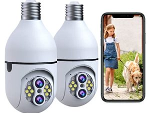 2Pcs Wireless Light Bulb Security Cameras - 10X Hybrid Zoom 2.4Ghz Wifi 360° Pan/tilt Panoramic Dual Lens Outdoor Light Socket Camera Real-time Motion Detection Alerts Two Way Talk Color Night Vision