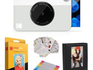 Kodak Printomatic Instant Camera (Grey) Gift Bundle + Zink Paper (20 Sheets) + Deluxe Case + 7 Fun Sticker Sets + Twin Tip Markers + Photo Album.