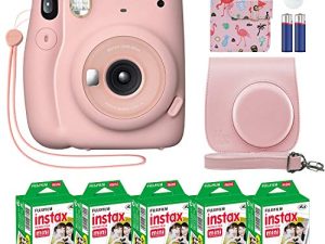 Fujifilm Instax Mini 11 Instant Camera Blush Pink + Custom Case + Fuji Instax Film Value Pack (50 Sheets) Flamingo Designer Photo Album for Fuji instax Mini 11 Photos