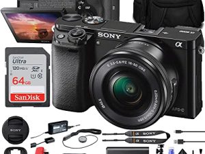 Sony Alpha a6000 Mirrorless Camera with 16-50mm Lens (ILCE6000L/B) + 64GB Card + Card Reader + Case + Flex Tripod + Hand Strap + Memory Wallet + Cap Keeper + Cleaning Kit