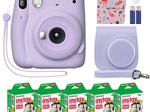 Fujifilm Instax Mini 11 Instant Camera Lilac Purple + Custom Case + Fuji Instax Film Value Pack (50 Sheets) Flamingo Designer Photo Album for Fuji instax Mini 11 Photos