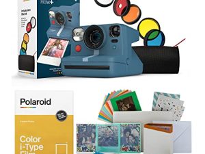 Polaroid Now Plus Instant Film Camera (Calm Blue/Gray Blue) Bundle with Polaroid Originals Color Instant Film for i-Type Cameras (8 Exposures) and Everything Photo Box Bundle (3 Items)