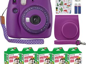 Fujifilm Instax Mini 9 Instant Camera Clear Purple with Clear Accents with Custom Case + Fuji Instax Film Value Pack (50 Sheets) Designer Photo Album for Fuji instax Mini 9 Photos
