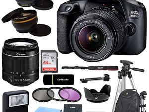 Canon EOS 4000D / Rebel T100 DSLR Camera with EF-S 18-55mm Zoom Lens + SanDisk 64GB Memory Card + Tripod + Case + Wideangle Lenses + Rtech Digital Cloth (20pc Bundle)