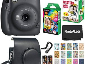 Fujifilm Instax Mini 11 Instant Camera - Charcoal Grey (16654786) + Fujifilm Instax Mini Twin Pack Instant Film (16437396) + Single Pack Rainbow Film + Case + Travel Stickers