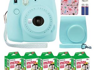 Fujifilm Instax Mini 9 Instant Camera Ice Blue with Custom Case + Fuji Instax Film Value Pack (50 Sheets) Flamingo Designer Photo Album for Fuji instax Mini 9 Photos