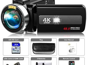Rawiemy 4K Video Camera Camcorder HD 48.0MP IR Night Vision Vlogging Camera Recorder for YouTube 3.0" IPS Touch Screen 18X Digital Zoom Camcorders with Remote Control