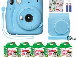 Fujifilm Instax Mini 11 Instant Camera Sky Blue + Custom Case + Fuji Instax Film Value Pack (50 Sheets) Flamingo Designer Photo Album for Fuji instax Mini 11 Photos