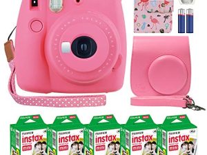 Fujifilm Instax Mini 9 Instant Camera Flamingo Pink with Custom Case + Fuji Instax Film Value Pack (50 Sheets) Flamingo Designer Photo Album for Fuji instax Mini 9 Photos.