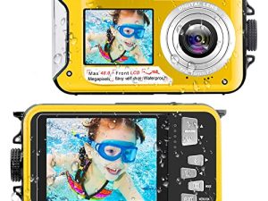 YISENCE Waterproof Digital Camera Underwater Camera Full HD 2.7K 48 MP Video Recorder Selfie Dual Screens 16X Digital Zoom Flashlight Waterproof Camera for Snorkeling (Yellow)