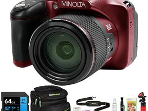 Minolta MN67Z-BK 20MP / 1080p HD Bridge Digital Camera with 67x Optical Zoom Bundle with Lexar Professional 633x 64GB UHS-1 Class 10 SDXC Memory Card and Deco Gear Camera Bag for DSLR (Red)