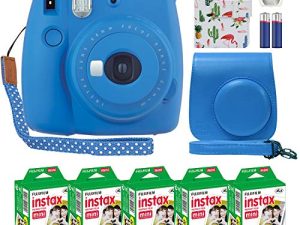 Fujifilm Instax Mini 9 Instant Camera Cobalt Blue with Custom Case + Fuji Instax Film Value Pack (50 Sheets) Flamingo Designer Photo Album for Fuji instax Mini 9 Photos
