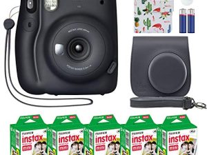 Fujifilm Instax Mini 11 Instant Camera Charcoal Gray + MiniMate Accessory Bundle & Compatible Custom Case + Fuji Instax Film Value Pack (50 Sheets) Flamingo Designer Photo Album