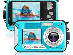 Waterproof Camera 10FT Full HD Underwater Camera Dual Screen 2.7K 48MP Waterproof Digital Camera Self-Timer Underwater Camera for Snorkeling（Blue）