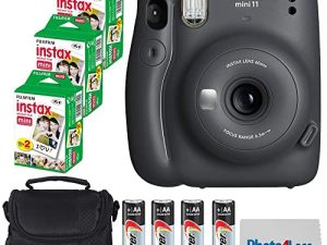 Fujifilm Instax Mini 11 Instant Camera - Charcoal Grey (16654786) + Fuji Instax Mini Twin Pack Instant Film (60 Sheets) + Batteries + Case - Instant Camera Bundle