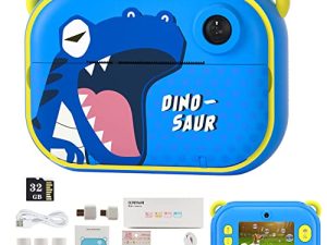 Kids Camera Instant Print Camera Christmas Birthday Gifts for Boys Toy Blue Dinosaur Camera Zero Ink Print Photo Camera with 3 Rolls Paper and 32GB TF Card