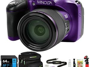 Minolta MN67Z-BK 20MP / 1080p HD Bridge Digital Camera with 67x Optical Zoom Bundle with Lexar Professional 633x 64GB UHS-1 Class 10 SDXC Memory Card and Deco Gear Camera Bag for DSLR (Purple)
