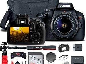 Canon EOS Rebel T100 / 4000D DSLR Camera with 18-55mm Lens + 64GB Memory Card + Case + Card Reader + Flex Tripod + Hand Strap + Cap Keeper + Memory Wallet + Cleaning Kit